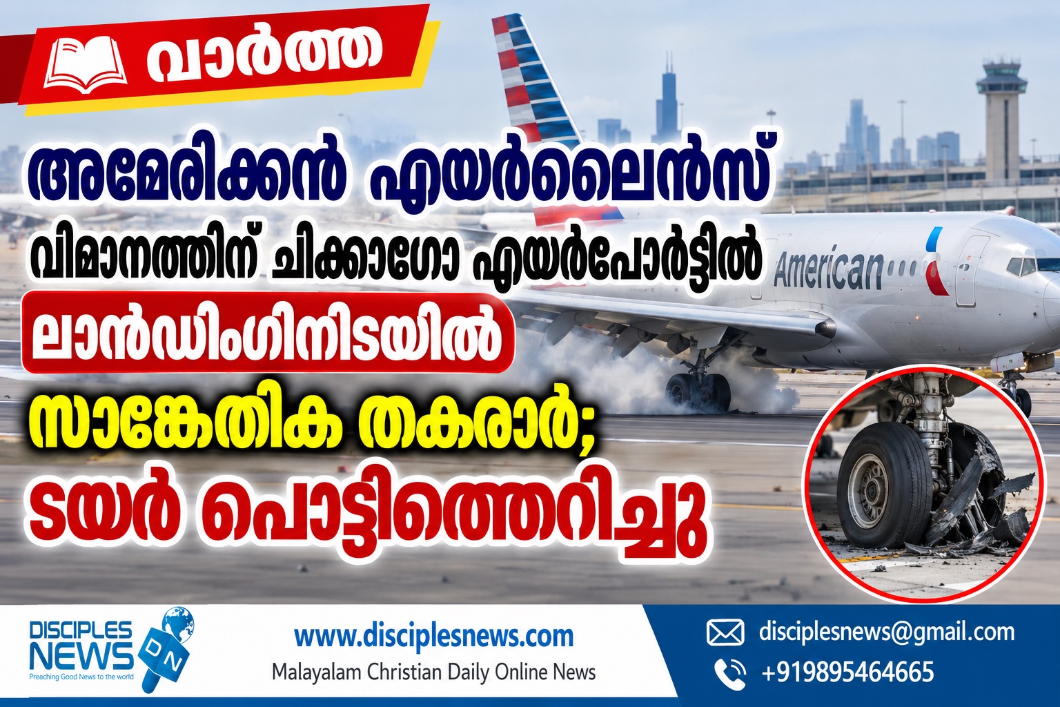 അമേരിക്കൻ എയർലൈൻസ് വിമാനത്തിന് ചിക്കാഗോ എയർപോർട്ടിൽ ലാൻഡിംഗിനിടയിൽ സാങ്കേതിക തകരാർ; ടയർ പൊട്ടിത്തെറിച്ചു