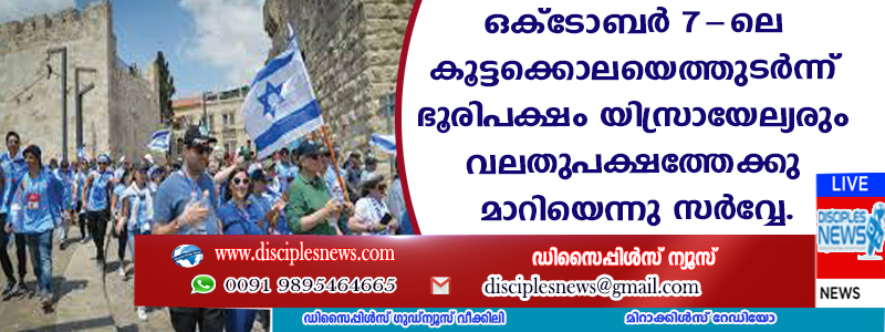 ഒക്ടോബര്‍ 7-ലെ കൂട്ടക്കൊലയെത്തുടര്‍ന്ന് ഭൂരിപക്ഷം യിസ്രായേല്യരും വലതുപക്ഷതേത്ക്കു മാറിയെന്നു സര്‍വ്വേ