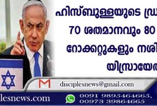 ഹിസ്ബുള്ളയുടെ ഡ്രോണുകളുടെ 70 ശതമാനവും 80 ശതമാനം റോക്കറ്റുകളും നശിപ്പിച്ചതായി യിസ്രായേല്‍