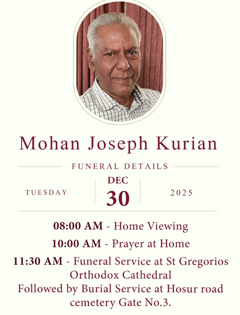 മോഹൻ ജോസഫ് കുര്യന്റെ നിര്യാണത്തിൽ ഇന്റർനാഷണൽ പ്രയർ ലൈൻ അനുശോചിച്ചു