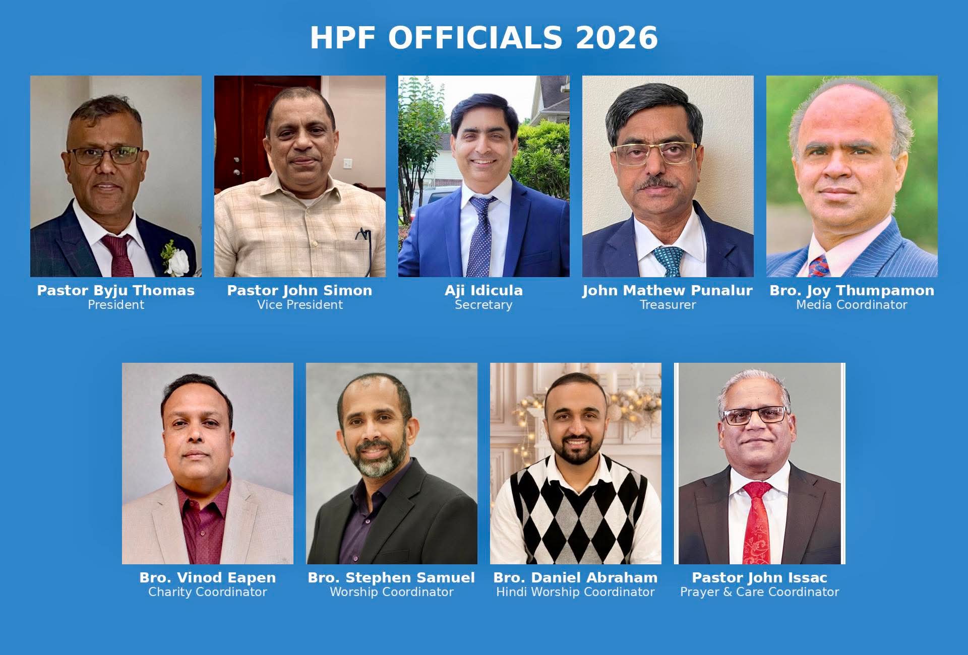 ഹൂസ്റ്റൺ പെന്തെക്കോസ്തു ഫെലോഷിപ്പിന്റെ 2026 ലെ ഭാരവാഹികളെ ജനറൽ ബോഡി തിരഞ്ഞെടുത്തു